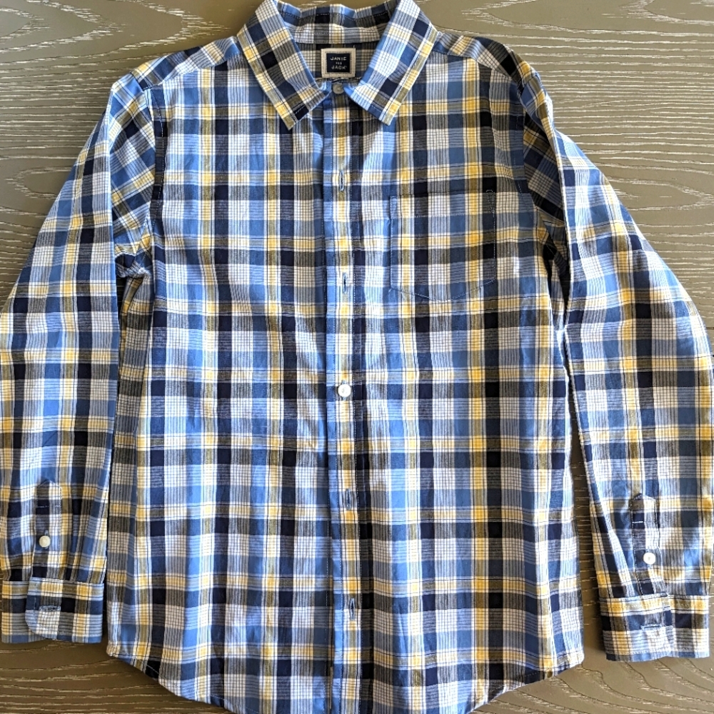 Janie and Jack Blue Yellow Long Sleeve Button Up Plaid Shirt size 7 EUC